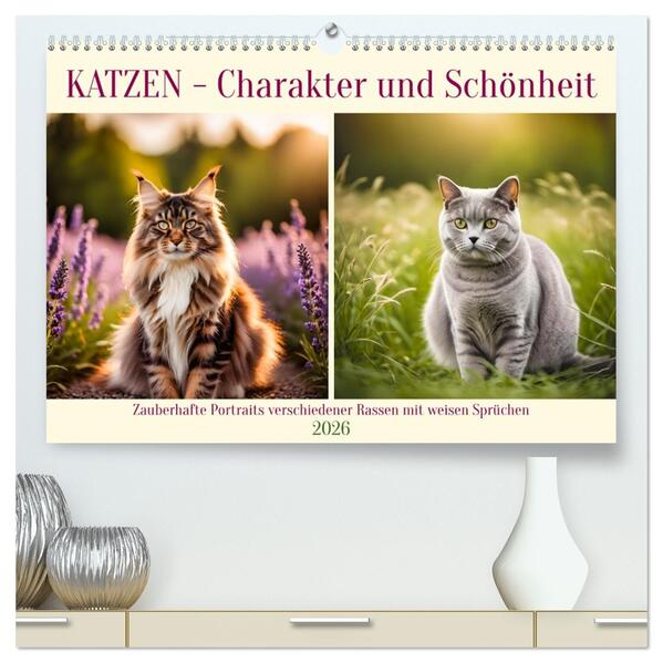 Katzen - Charakter und Schönheit (hochwertiger Premium Wandkalender 2026 DIN A2 quer) Kunstdruck in Hochglanz