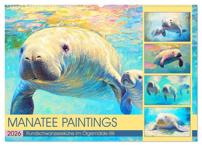 Manatee Paintings. Rundschwanzseekühe im Ölgemälde-Stil (Wandkalender 2026 DIN A2 quer) CALVENDO Monatskalender