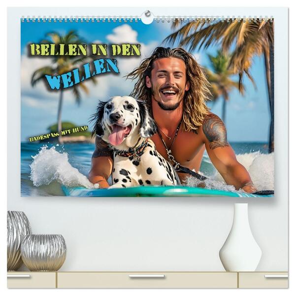 Bellen in den Wellen - Badespaß mit Hund (hochwertiger Premium Wandkalender 2026 DIN A2 quer) Kunstdruck in Hochglanz