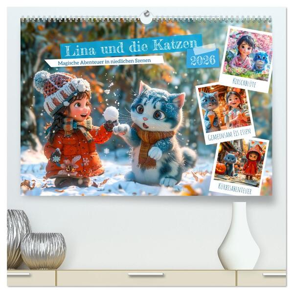 Lina und die Katzen - Magische Abenteuer in niedlichen Szenen (hochwertiger Premium Wandkalender 2026 DIN A2 quer) Kunstdruck in Hochglanz