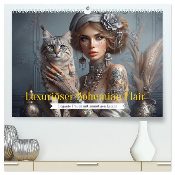 Luxuriöser Bohemian Flair - Elegante Frauen mit anmutigen Katzen (hochwertiger Premium Wandkalender 2026 DIN A2 quer) Kunstdruck in Hochglanz