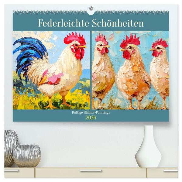 Federleichte Schönheiten. Duftige Hühner-Paintings (hochwertiger Premium Wandkalender 2026 DIN A2 quer) Kunstdruck in Hochglanz