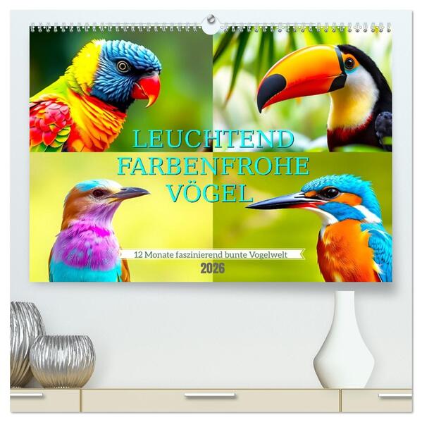 Leuchtend farbenfrohe Vögel (hochwertiger Premium Wandkalender 2026 DIN A2 quer) Kunstdruck in Hochglanz