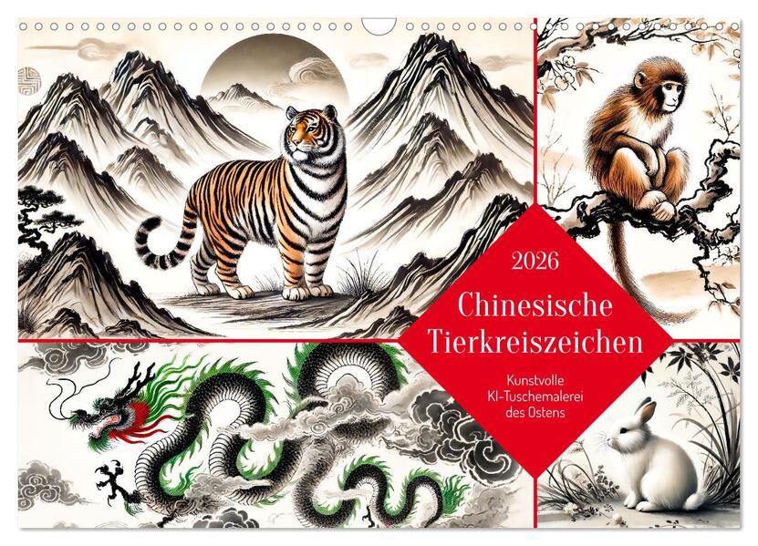 Chinesische Tierkreiszeichen - Kunstvolle KI-Tuschemalerei des Ostens (Wandkalender 2026 DIN A3 quer) CALVENDO Monatskalender