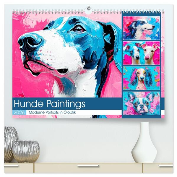 Hunde Paintings. Moderne Portraits in Öloptik (hochwertiger Premium Wandkalender 2026 DIN A2 quer) Kunstdruck in Hochglanz