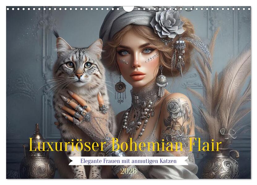 Luxuriöser Bohemian Flair - Elegante Frauen mit anmutigen Katzen (Wandkalender 2026 DIN A3 quer) CALVENDO Monatskalender