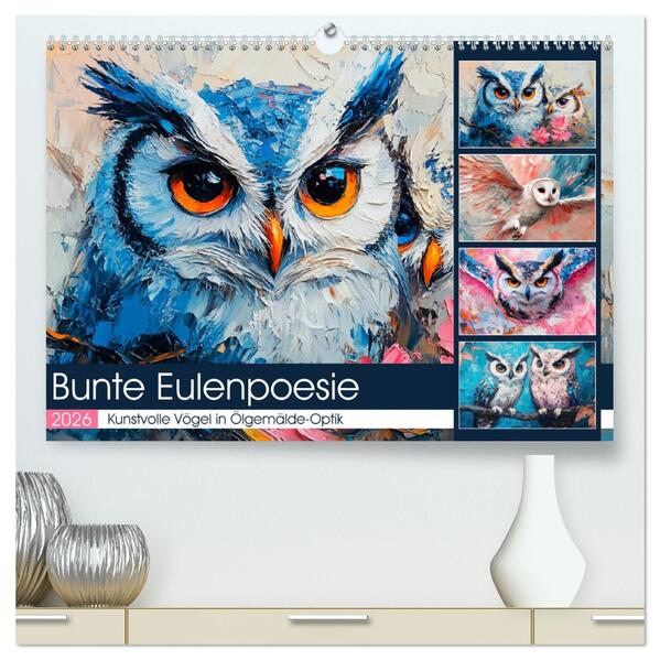 Bunte Eulenpoesie. Kunstvolle Vögel in Ölgemälde-Optik (hochwertiger Premium Wandkalender 2026 DIN A2 quer) Kunstdruck in Hochglanz