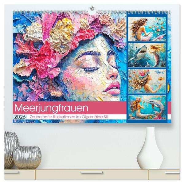Meerjungfrauen. Zauberhafte Illustrationen im Ölgemälde-Stil (hochwertiger Premium Wandkalender 2026 DIN A2 quer) Kunstdruck in Hochglanz