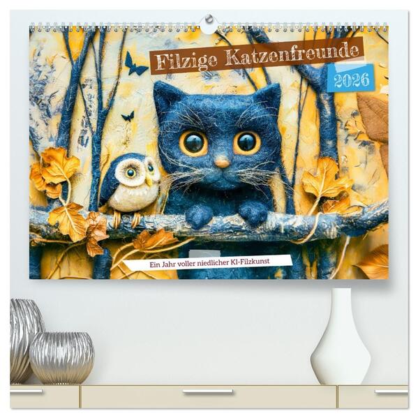 Filzige Katzenfreunde - Ein Jahr voller niedlicher KI-Filzkunst (hochwertiger Premium Wandkalender 2026 DIN A2 quer) Kunstdruck in Hochglanz