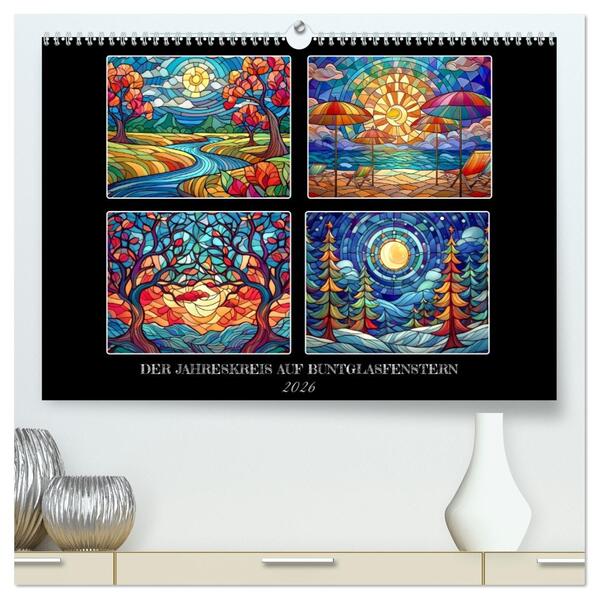 Der Jahreskreis auf Buntglasfenstern (hochwertiger Premium Wandkalender 2026 DIN A2 quer) Kunstdruck in Hochglanz