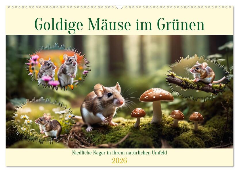 Goldige Mäuse im Grünen (Wandkalender 2026 DIN A2 quer) CALVENDO Monatskalender