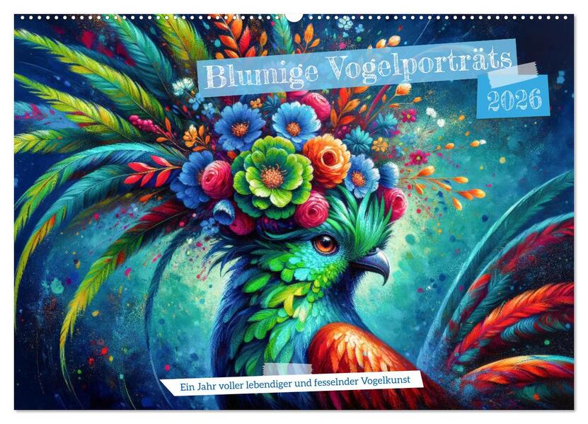 Blumige Vogelporträts (Wandkalender 2026 DIN A2 quer) CALVENDO Monatskalender
