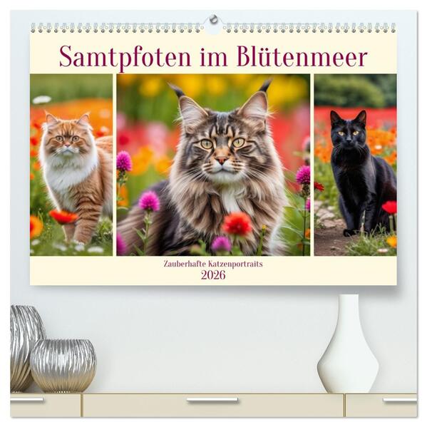 Samtpfoten im Blütenmeer (hochwertiger Premium Wandkalender 2026 DIN A2 quer) Kunstdruck in Hochglanz