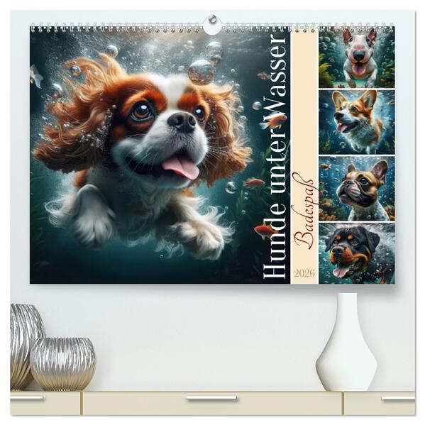 Badespaß - Hunde unter Wasser (hochwertiger Premium Wandkalender 2026 DIN A2 quer) Kunstdruck in Hochglanz