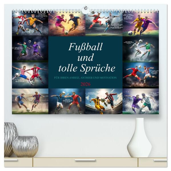 Fußball und tolle Sprüche (hochwertiger Premium Wandkalender 2026 DIN A2 quer) Kunstdruck in Hochglanz
