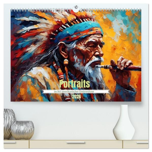 Portraits im Stil amerikanischer Ureinwohner (hochwertiger Premium Wandkalender 2026 DIN A2 quer) Kunstdruck in Hochglanz