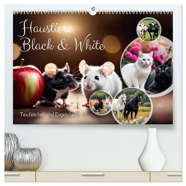 Haustiere - Black and White (hochwertiger Premium Wandkalender 2026 DIN A2 quer) Kunstdruck in Hochglanz