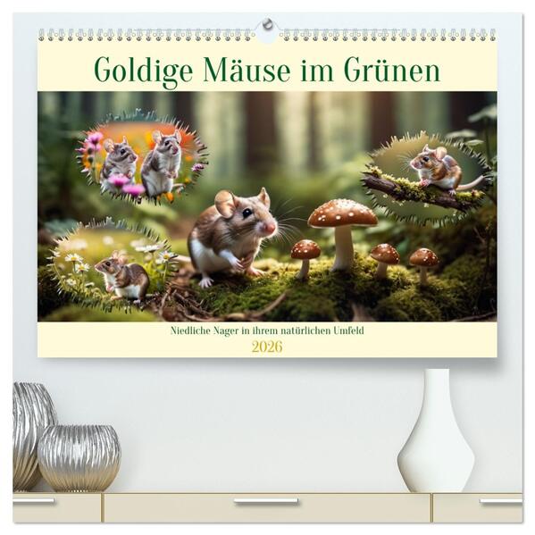 Goldige Mäuse im Grünen (hochwertiger Premium Wandkalender 2026 DIN A2 quer) Kunstdruck in Hochglanz