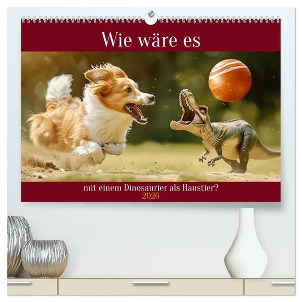 Wie wäre es mit einem Dinosaurier als Haustier? (hochwertiger Premium Wandkalender 2026 DIN A2 quer) Kunstdruck in Hochglanz
