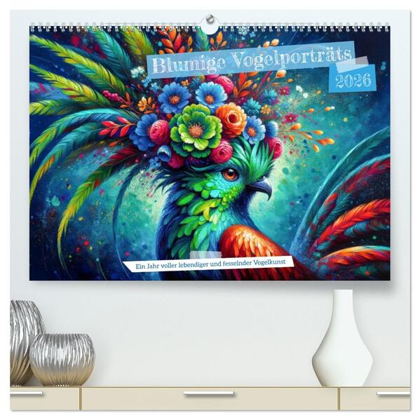 Blumige Vogelporträts (hochwertiger Premium Wandkalender 2026 DIN A2 quer) Kunstdruck in Hochglanz
