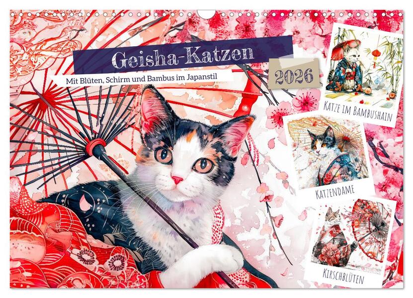 Geisha-Katzen - Mit Blüten Schirm und Bambus im Japanstil (Wandkalender 2026 DIN A3 quer) CALVENDO Monatskalender