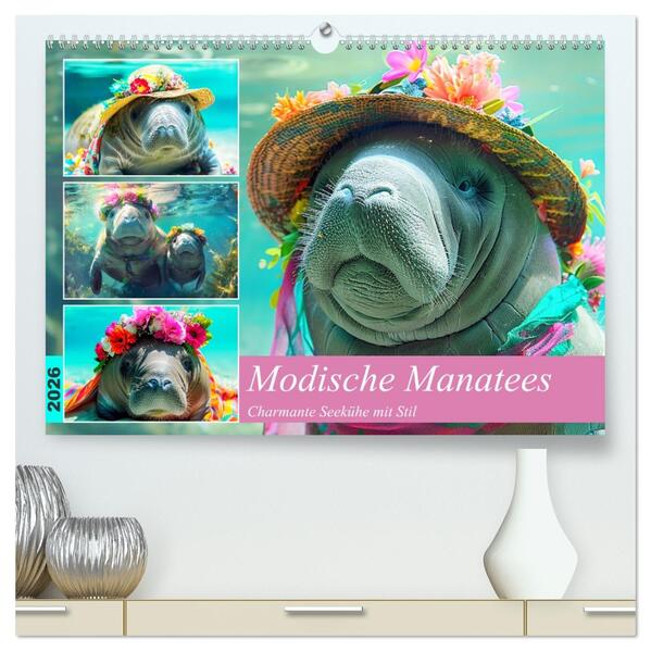 Modische Manatees. Charmante Seekühe mit Stil (hochwertiger Premium Wandkalender 2026 DIN A2 quer) Kunstdruck in Hochglanz