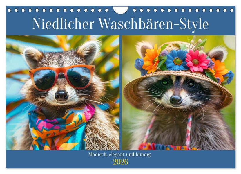 Niedlicher Waschbären-Style. Modisch elegant und blumig (Wandkalender 2026 DIN A4 quer) CALVENDO Monatskalender
