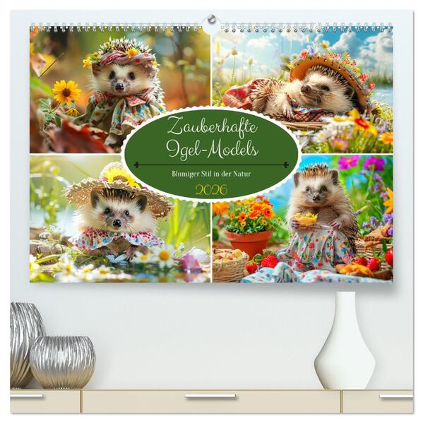 Zauberhafte Igel-Models. Blumiger Stil in der Natur (hochwertiger Premium Wandkalender 2026 DIN A2 quer) Kunstdruck in Hochglanz