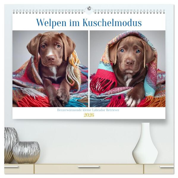 Welpen im Kuschelmodus - Herzerwärmende kleine Labrador Retriever (hochwertiger Premium Wandkalender 2026 DIN A2 quer) Kunstdruck in Hochglanz