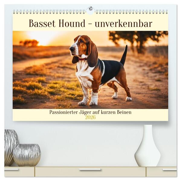 Basset Hound - unverkennbar (hochwertiger Premium Wandkalender 2026 DIN A2 quer) Kunstdruck in Hochglanz
