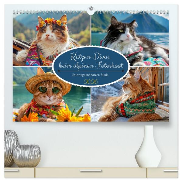 Katzen-Divas beim alpinen Fotoshoot. Extravagante Katzenmode (hochwertiger Premium Wandkalender 2026 DIN A2 quer) Kunstdruck in Hochglanz