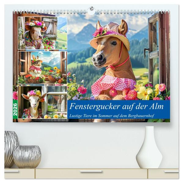 Fenstergucker auf der Alm. Lustige Tiere im Sommer auf dem Bergbauernhof (hochwertiger Premium Wandkalender 2026 DIN A2 quer) Kunstdruck in Hochglanz
