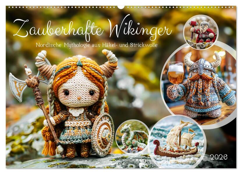 Zauberhafte Wikinger - Nordische Mythologie aus Häkel- und Strickwolle (Wandkalender 2026 DIN A2 quer) CALVENDO Monatskalender