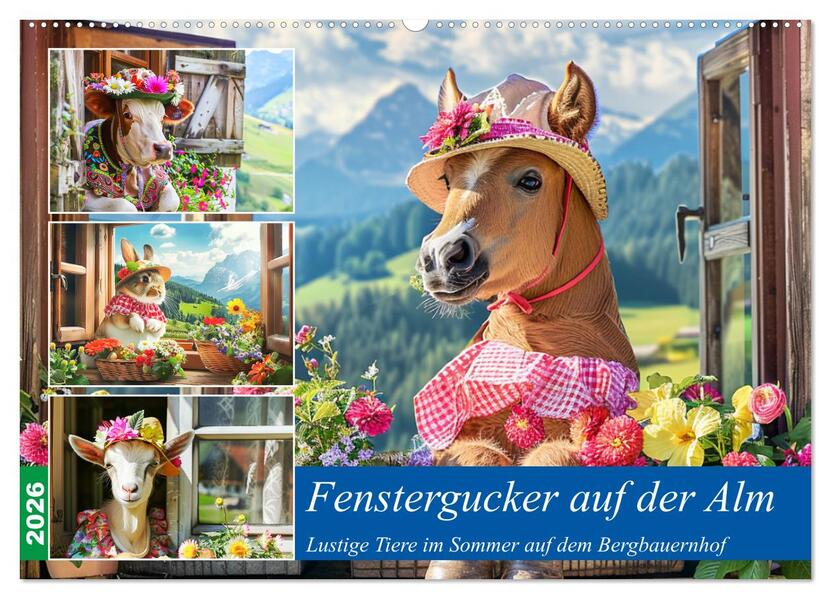 Fenstergucker auf der Alm. Lustige Tiere im Sommer auf dem Bergbauernhof (Wandkalender 2026 DIN A2 quer) CALVENDO Monatskalender
