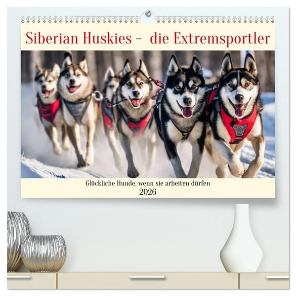 Siberian Huskies - die Extremsportler (hochwertiger Premium Wandkalender 2026 DIN A2 quer) Kunstdruck in Hochglanz
