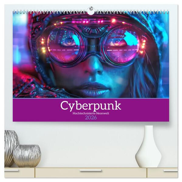 Cyberpunk - Hochtechnisierte Neonwelt (hochwertiger Premium Wandkalender 2026 DIN A2 quer) Kunstdruck in Hochglanz