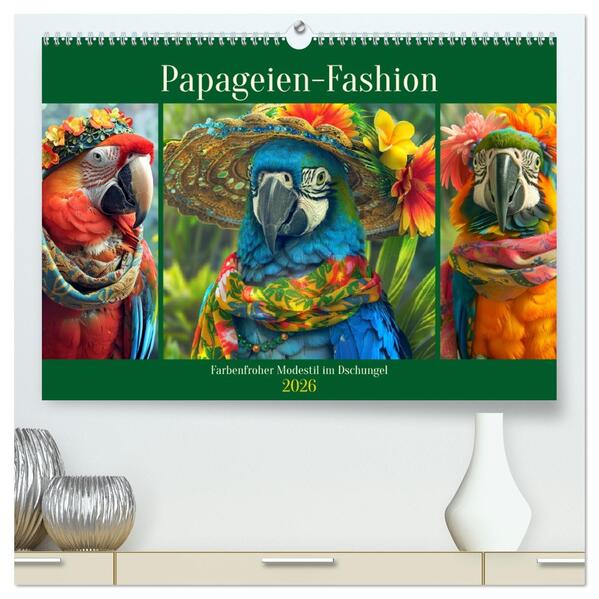 Papageien-Fashion. Farbenfroher Modestil im Dschungel (hochwertiger Premium Wandkalender 2026 DIN A2 quer) Kunstdruck in Hochglanz
