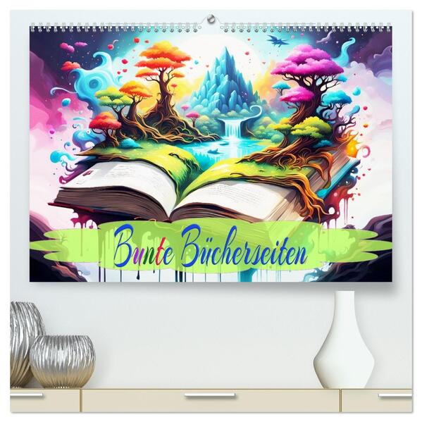Bunte Bücherseiten (hochwertiger Premium Wandkalender 2026 DIN A2 quer) Kunstdruck in Hochglanz