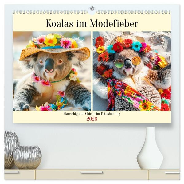 Koalas im Modefieber. Flauschig und Chic beim Fotoshooting (hochwertiger Premium Wandkalender 2026 DIN A2 quer) Kunstdruck in Hochglanz