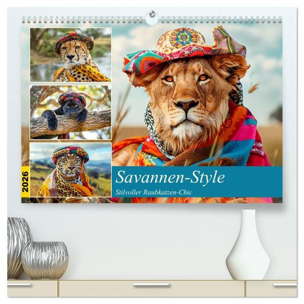 Savannen-Style. Stilvoller Raubkatzen-Chic (hochwertiger Premium Wandkalender 2026 DIN A2 quer) Kunstdruck in Hochglanz