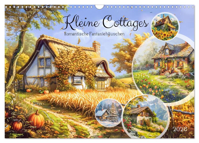Kleine Cottages - Romantische Fantasiehäuschen (Wandkalender 2026 DIN A3 quer) CALVENDO Monatskalender
