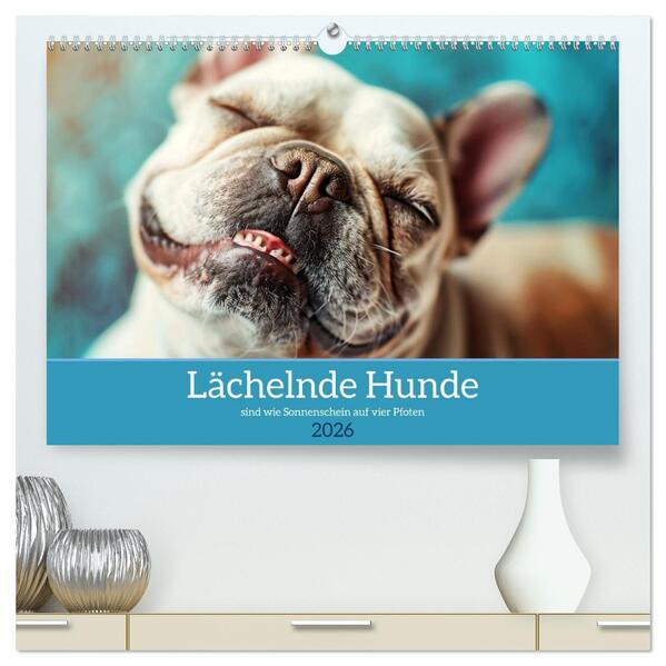 Lächelnde Hunde sind wie Sonnenschein auf vier Pfoten (hochwertiger Premium Wandkalender 2026 DIN A2 quer) Kunstdruck in Hochglanz