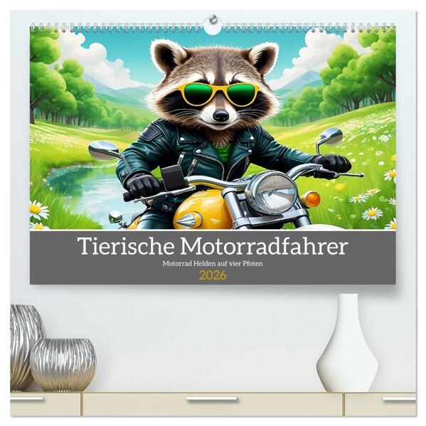 Tierische Motorradfahrer (hochwertiger Premium Wandkalender 2026 DIN A2 quer) Kunstdruck in Hochglanz