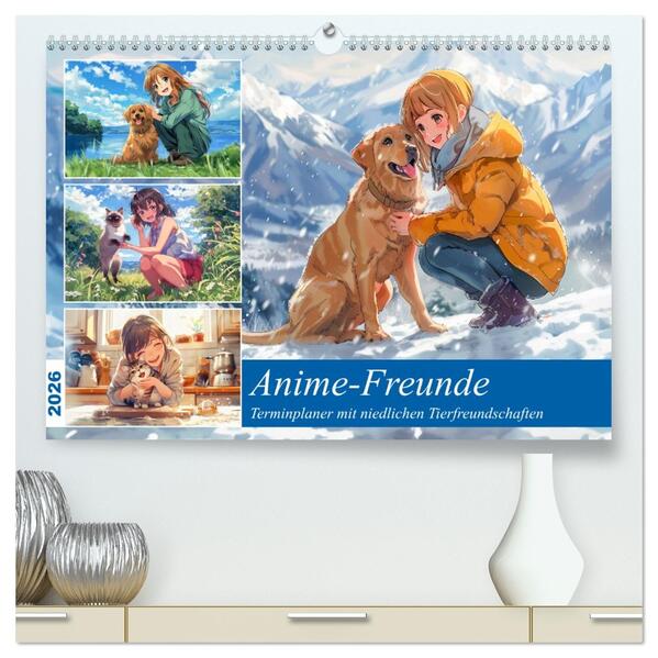 Anime-Freunde - Terminplaner mit niedlichen Tierfreundschaften (hochwertiger Premium Wandkalender 2026 DIN A2 quer) Kunstdruck in Hochglanz
