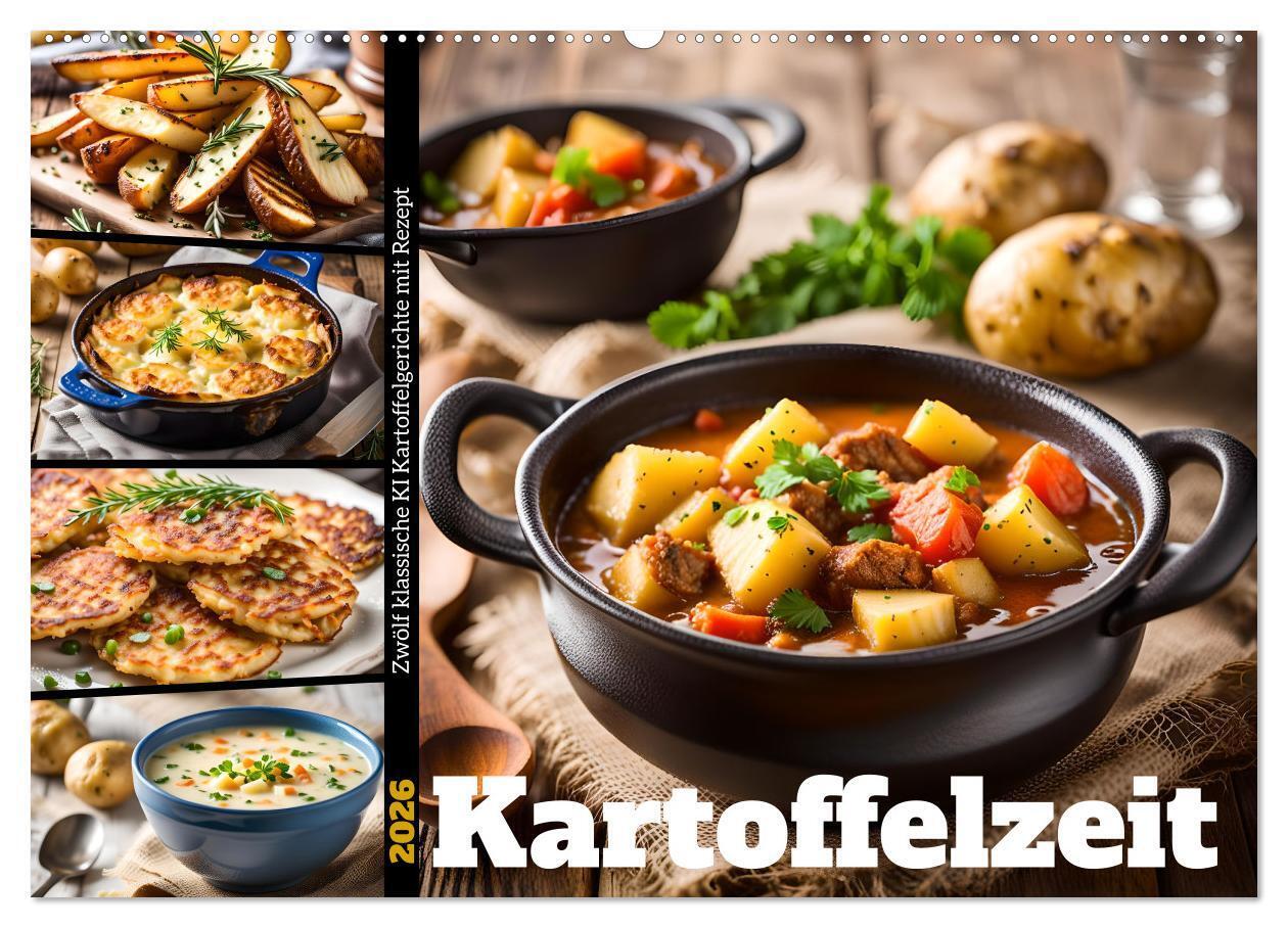 Kartoffelzeit - Zwölf klassische KI Kartoffelgerichte mit Rezept (Wandkalender 2026 DIN A2 quer) CALVENDO Monatskalender