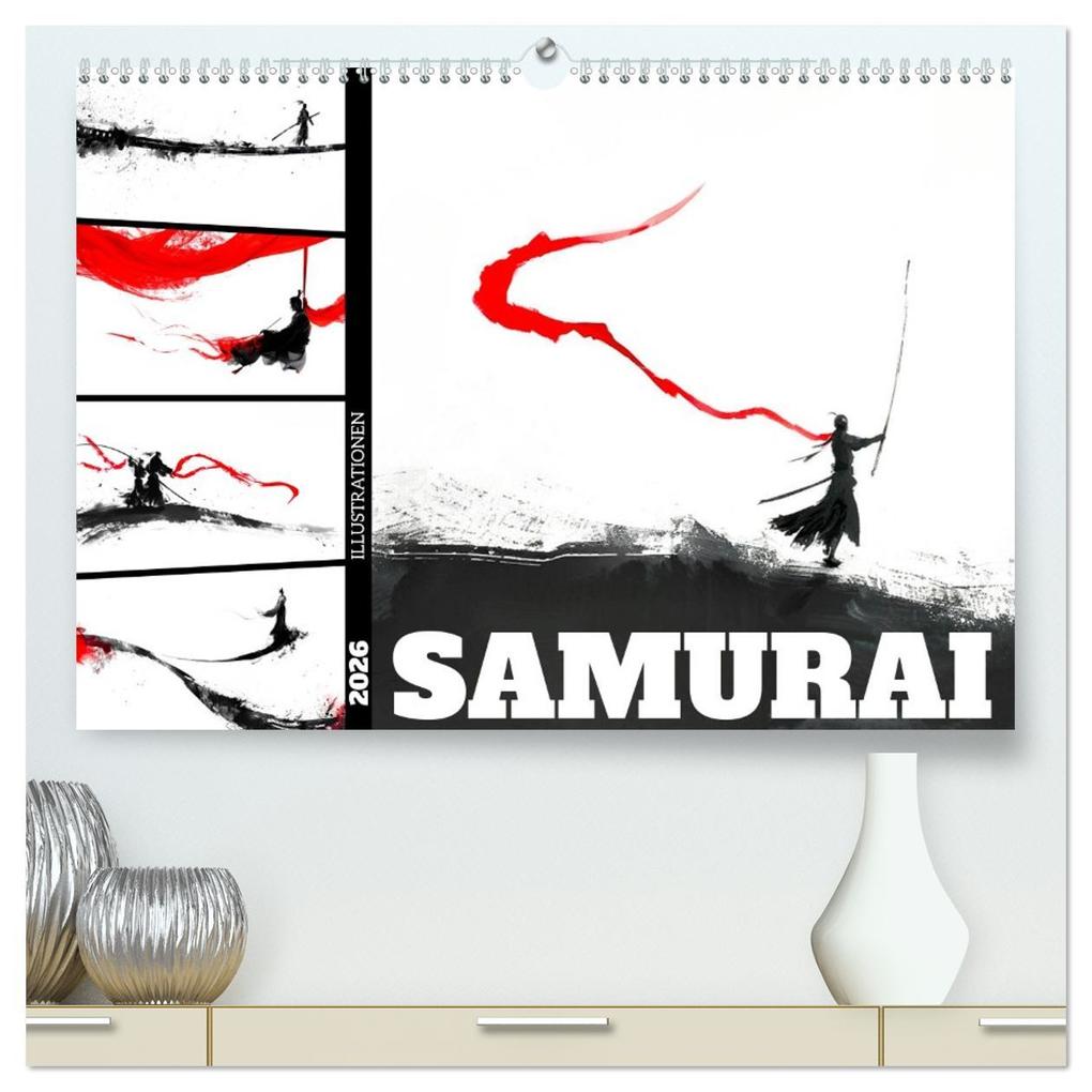 Samurai Illustrationen (hochwertiger Premium Wandkalender 2026 DIN A2 quer) Kunstdruck in Hochglanz
