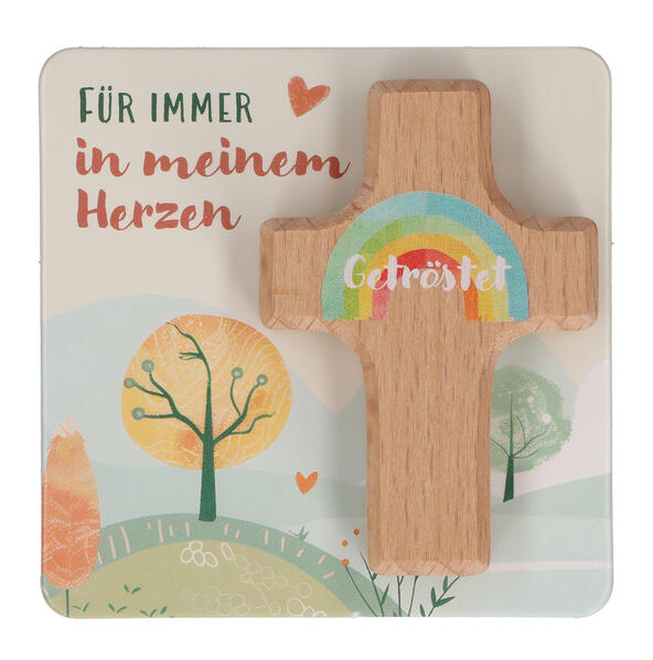 Butzon & Bercker Handschmeichlerkreuz 6 x 4 cm - farbig bedrucktes Kinderkreuz aus Buchenholz Lieferung auf Backcard folienfrei verpackt
