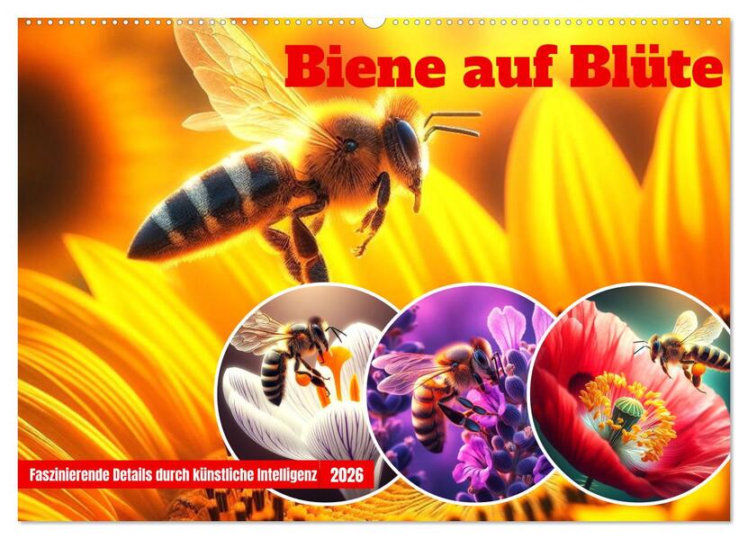 Biene auf Blüte - Faszinierende Details durch künstliche Intelligenz (Wandkalender 2026 DIN A2 quer) CALVENDO Monatskalender