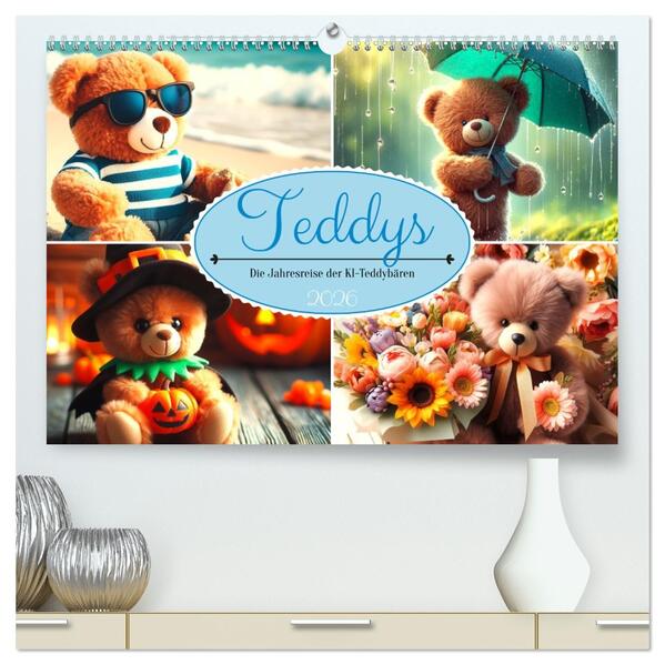 Teddys - Die Jahresreise der KI-Teddybären (hochwertiger Premium Wandkalender 2026 DIN A2 quer) Kunstdruck in Hochglanz