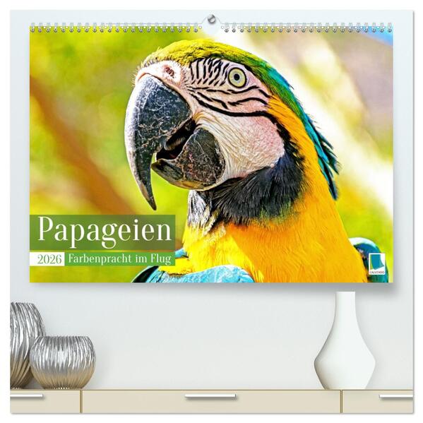 Papageien: Farbenpracht im Flug (hochwertiger Premium Wandkalender 2026 DIN A2 quer) Kunstdruck in Hochglanz